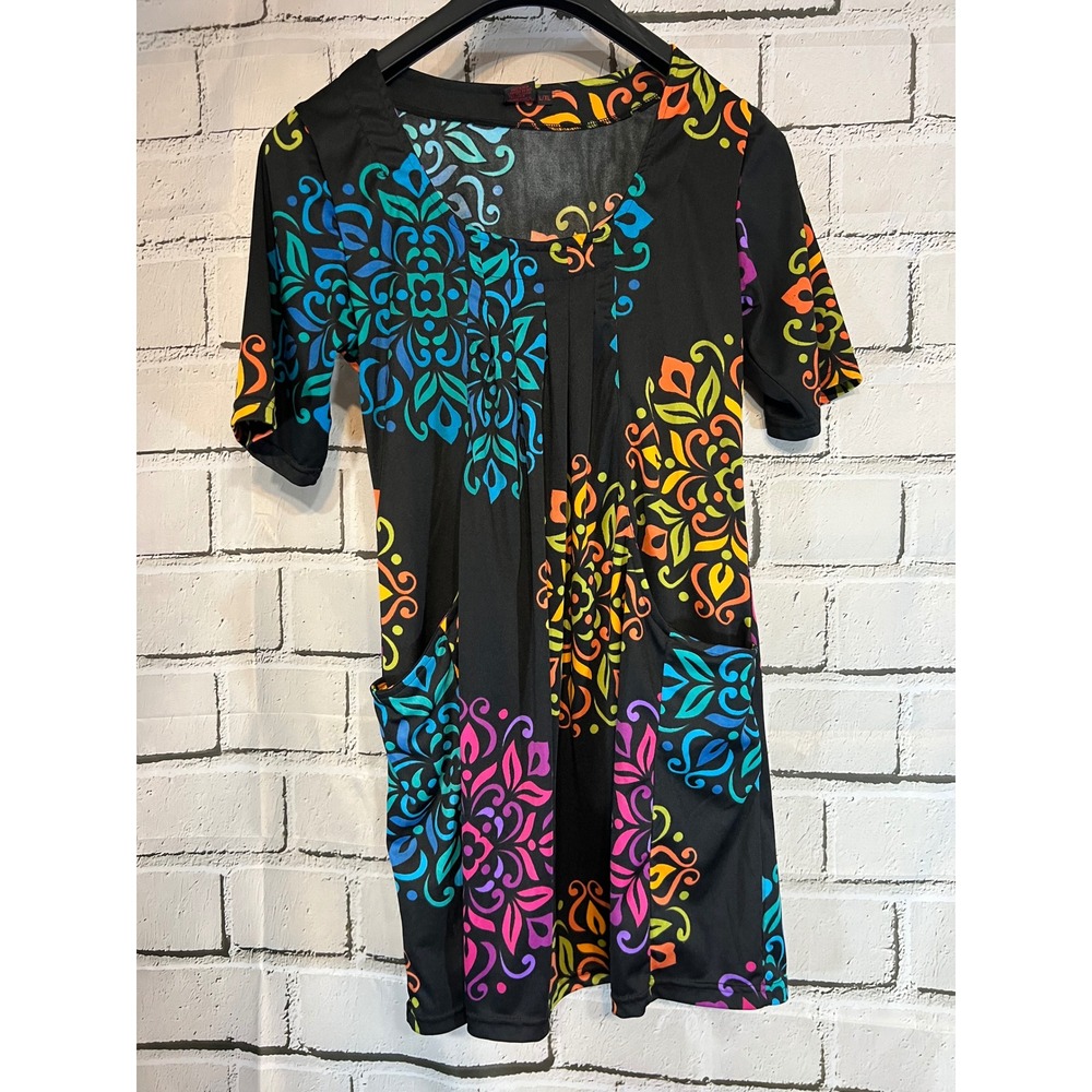 Aller Simplement L XL Black Multicolor Mandala Tunic Dress Pockets Boho